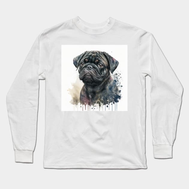 Black Pug Watercolour Style Painting Long Sleeve T-Shirt by TheArtfulAI